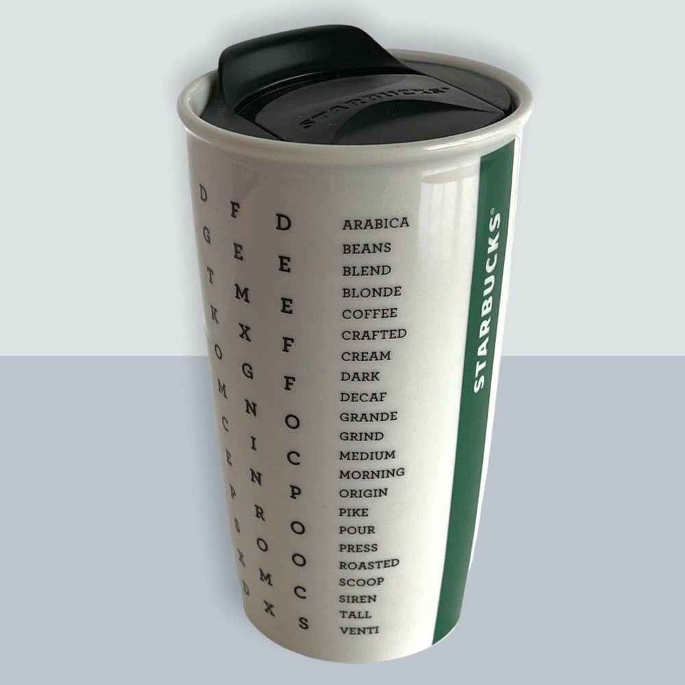 Starbucks Double Wall Coffee Tumbler Mug Ceramic~ Word Search Crossword EUC